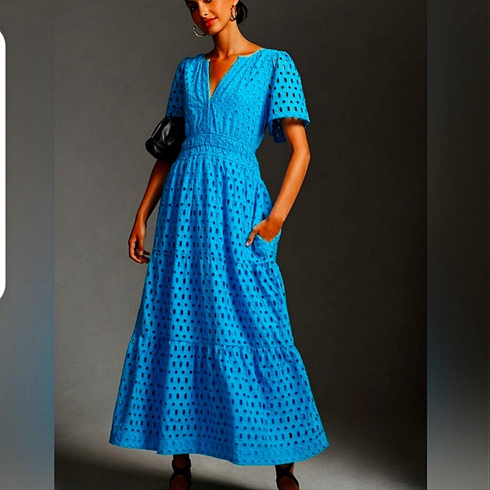Anthropologie The Somerset Blue Maxi Eyelet Midi Maxi Dress - Small